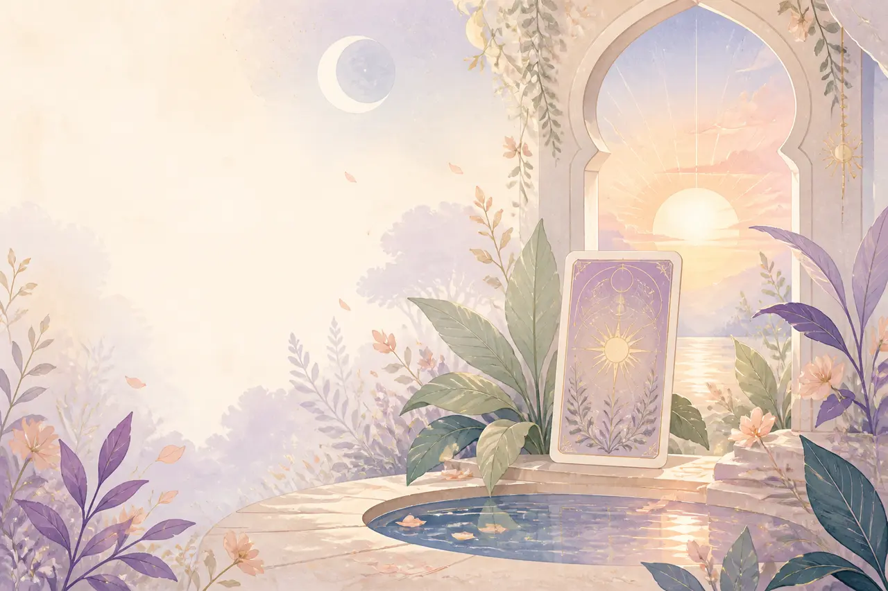 Taman fajar mistis dengan kartu tarot, tanaman lembut, dan kolam refleksi